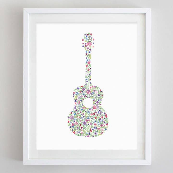 Imprimé aquarelle floral Guitare pour la vente par Carly Rae Studio