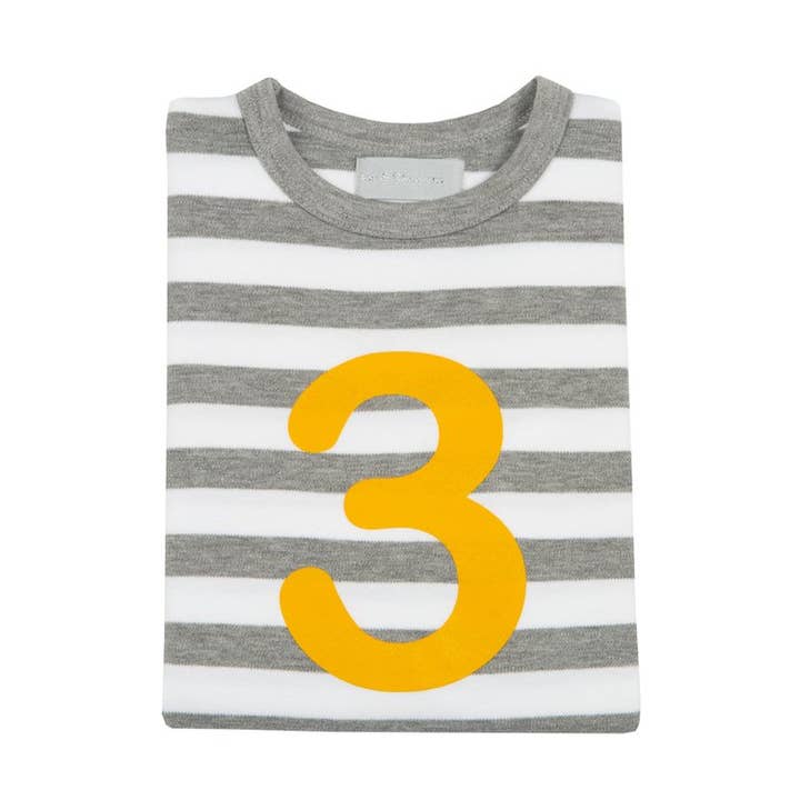 Grau meliertes und weiß gestreiftes Nummer 3 T-Shirt (Senffarben) für den Großhandel von Bob & Blossom Ltd