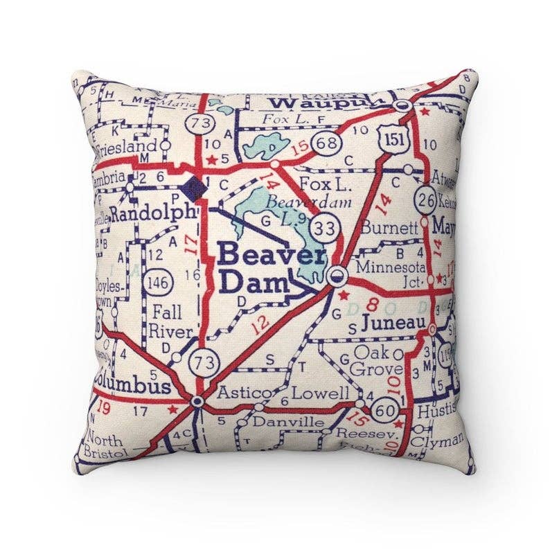 Daisy Mae Designs - Wholesale Throw/Decorative Pillow - Beaver Dam Wisconsin Map Decorative Pillow Throw Pillow0