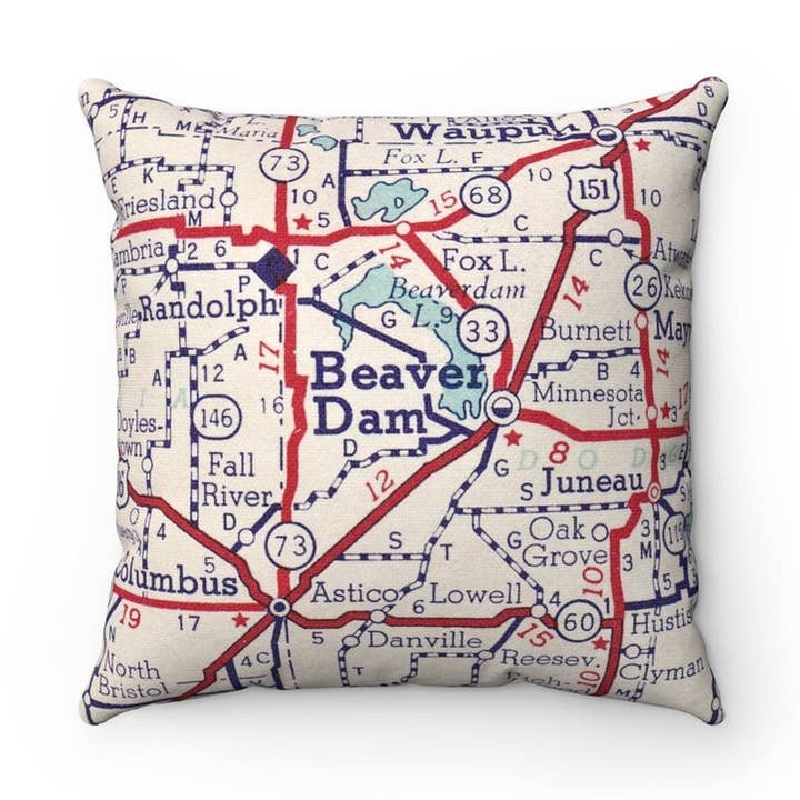 Daisy Mae Designs - Wholesale Throw/Decorative Pillow - Beaver Dam Wisconsin Map Decorative Pillow Throw Pillow0