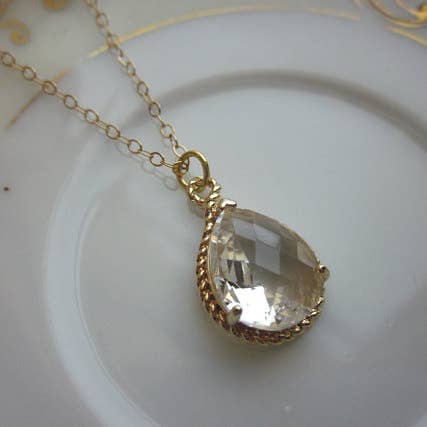 Crystal Necklace Gold Clear Teardrop for wholesale by Laalee Jewelry