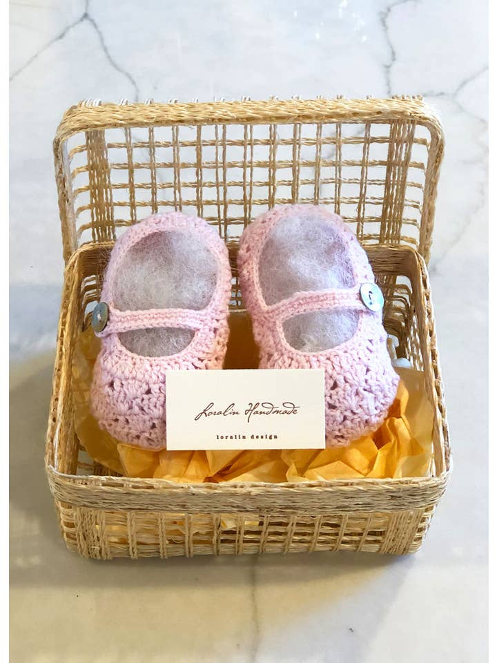 Loralin Design - Wholesale Booties - Baby - Light Pink Mary Jane Crocheted Booties in Basket