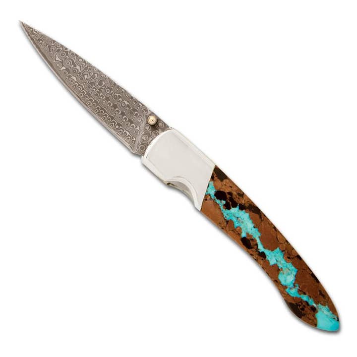 Vein Turquoise Damascus 4" Liner Lock Knife - Single for wholesale by Santa Fe Stoneworks