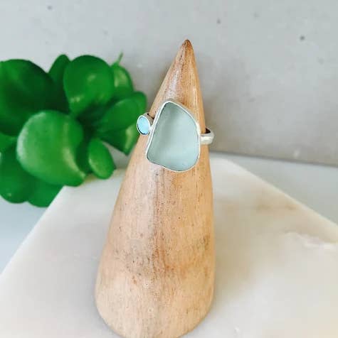 La Soucique Studio Metalsmithing - Wholesale Cocktail/Statement Ring - Perelle Sidekick Ring - Aqua Blue Seaglass and Turquoise0