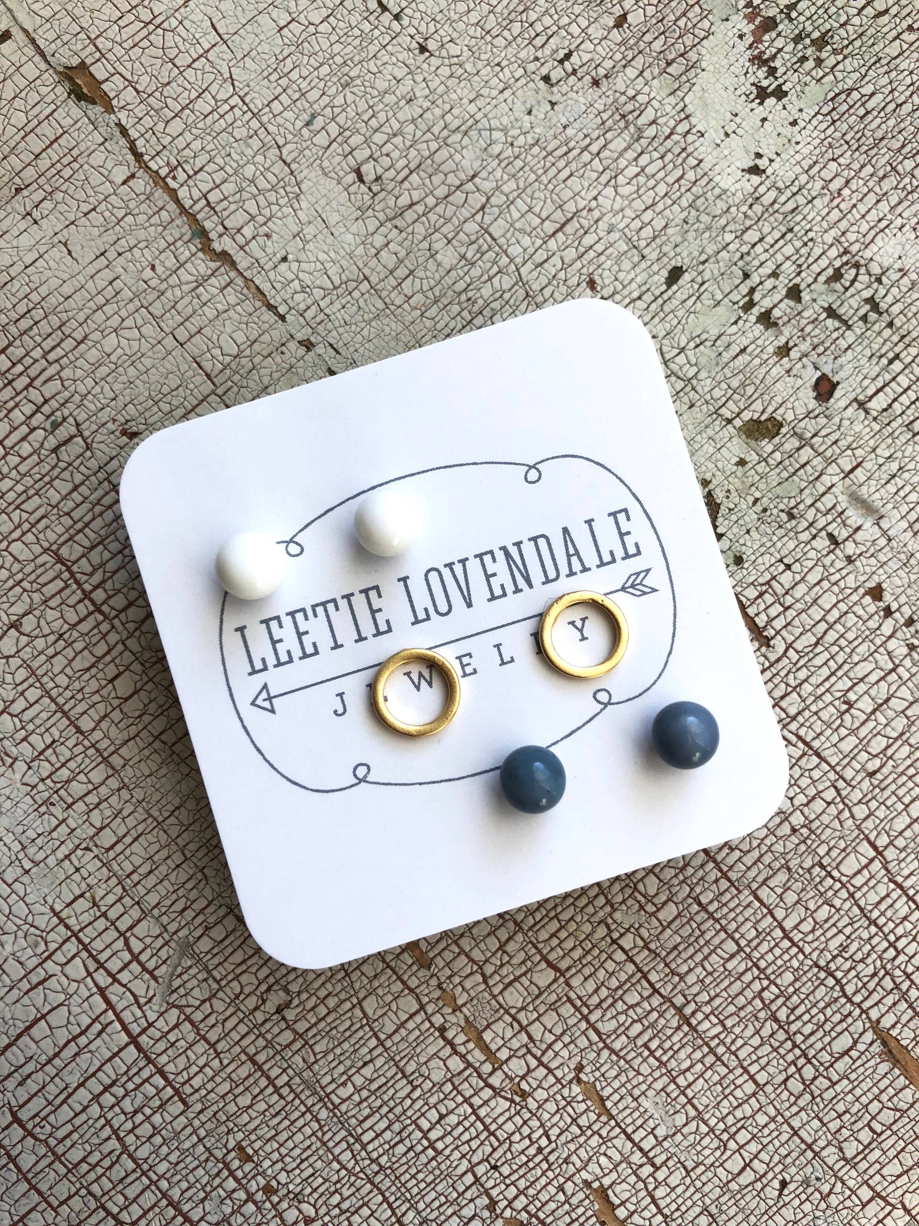 Leetie Lovendale - Wholesale Stud/Post Earrings - White Frosted Gold Circles & Blue Tiny Geo Stud Earrings3