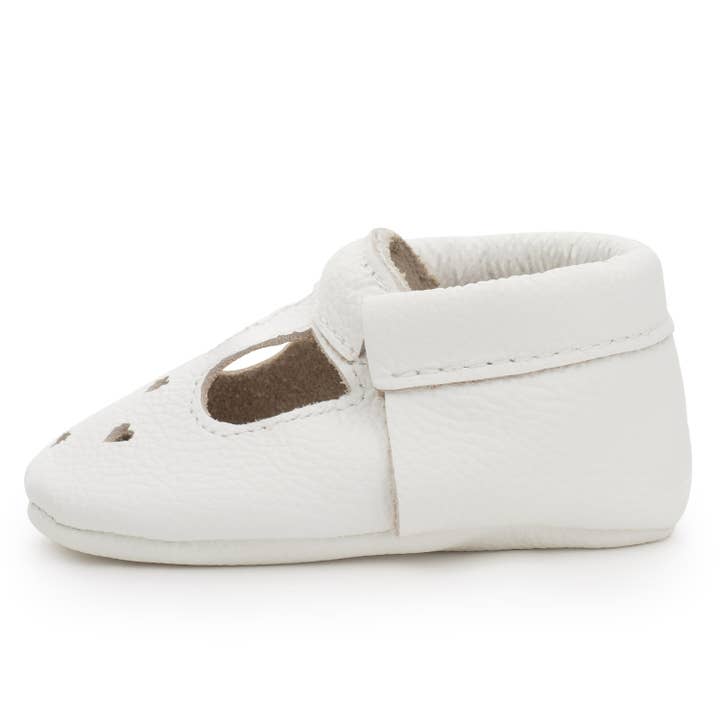 Mary Jane Baby Moccasins - Leather Baby Shoes (Pearl White) for wholesale by BirdRock Baby