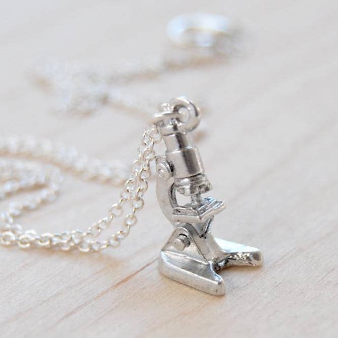 18" Tiny Silver Laboratory Microscope Necklace for wholesale by Enchanted Leaves