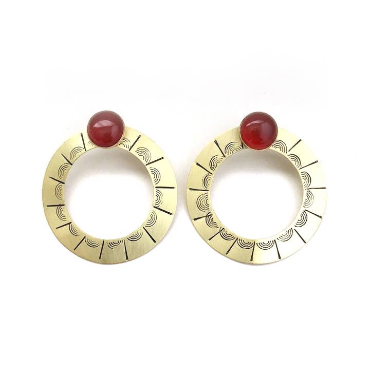 Stamped Brass Circle Earrings w/ Gemstone Stud for wholesale by LUNASOL