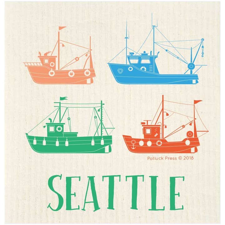 Seattle Boats Swedish Dishcloth for wholesale by Potluck Press