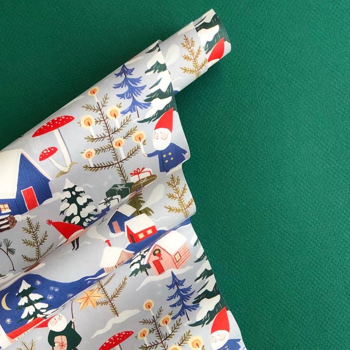 Red Cap Cards - Wholesale Flat Wrap - Holiday Gnomes holiday wrapping paper