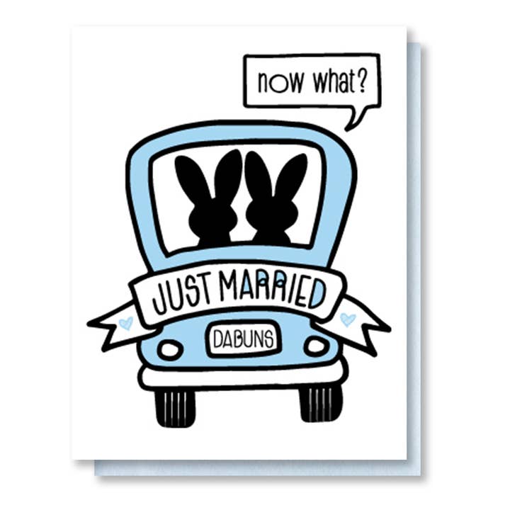 Just Married Bunnies Wedding Honeymoon Letterpress Card for wholesale by Kiss and Punch