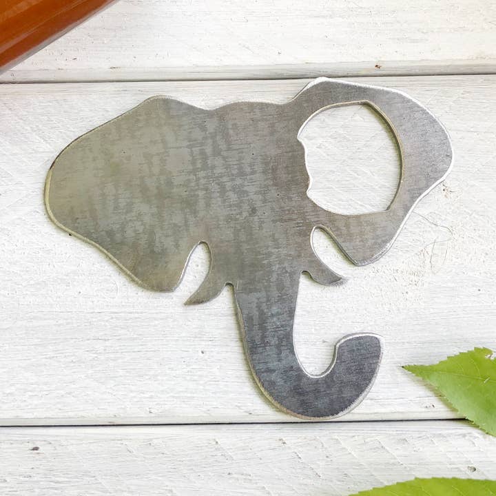 Elephant Head Metal Bottle Opener made from Recycled Steel for wholesale by BE Creations & Designs, Inc.