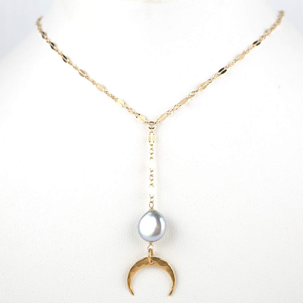 Midori Jewelry Hawaii - Vendita all'ingrosso Collana con ciondolo/pendaglio - Collana con perle keshi e luna mezzaluna vermeil 22k2