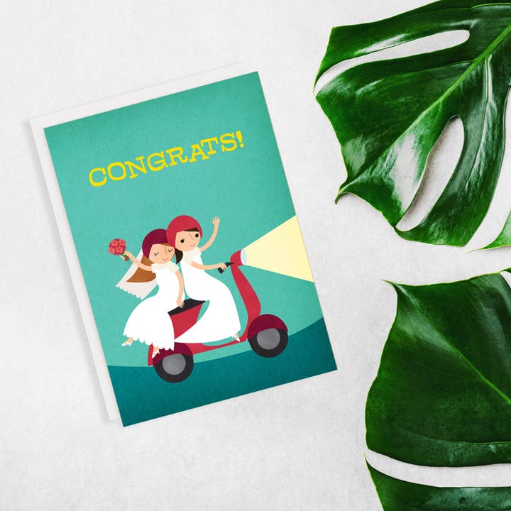 Rosy Designs - Wholesale Trouwkaartje - Bromfiets bruiden lesbische bruiloft gefeliciteerd wenskaart2