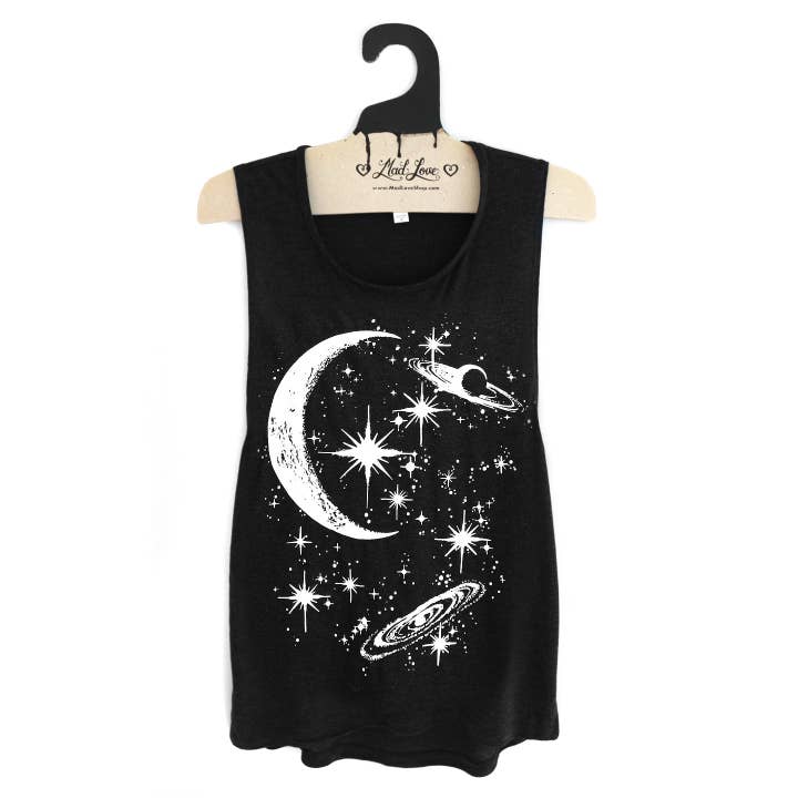 Mad Love Shop - Wholesale Tank Top - Women's - Black Muscle Tank with Crescent Moon Print0