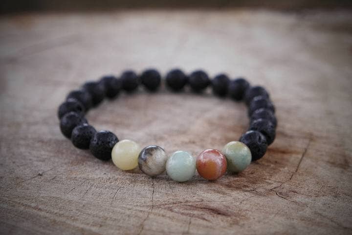 Foxfire Stones - Wholesale Beaded Bracelet - Volcanic/White Elastic - Planetary Alignment | Multi-Colored Amazonite Modern Bracelet Volcanic Lava Stone Rock Bead Black Earth Planets0