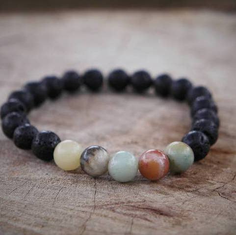 Foxfire Stones - Wholesale Beaded Bracelet - Volcanic/White Elastic - Planetary Alignment | Multi-Colored Amazonite Modern Bracelet Volcanic Lava Stone Rock Bead Black Earth Planets
