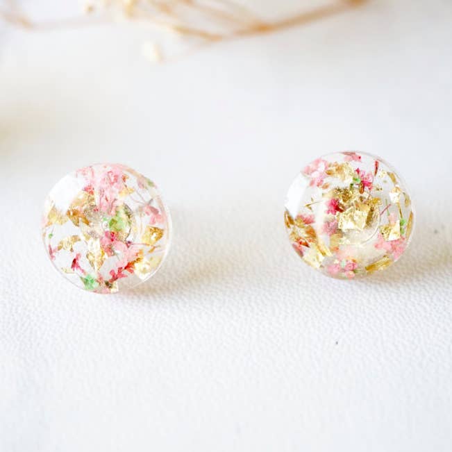 Ann + Joy - Wholesale Stud/Post Earrings - Real Pressed Flowers and Resin Circle Stud Earrings0