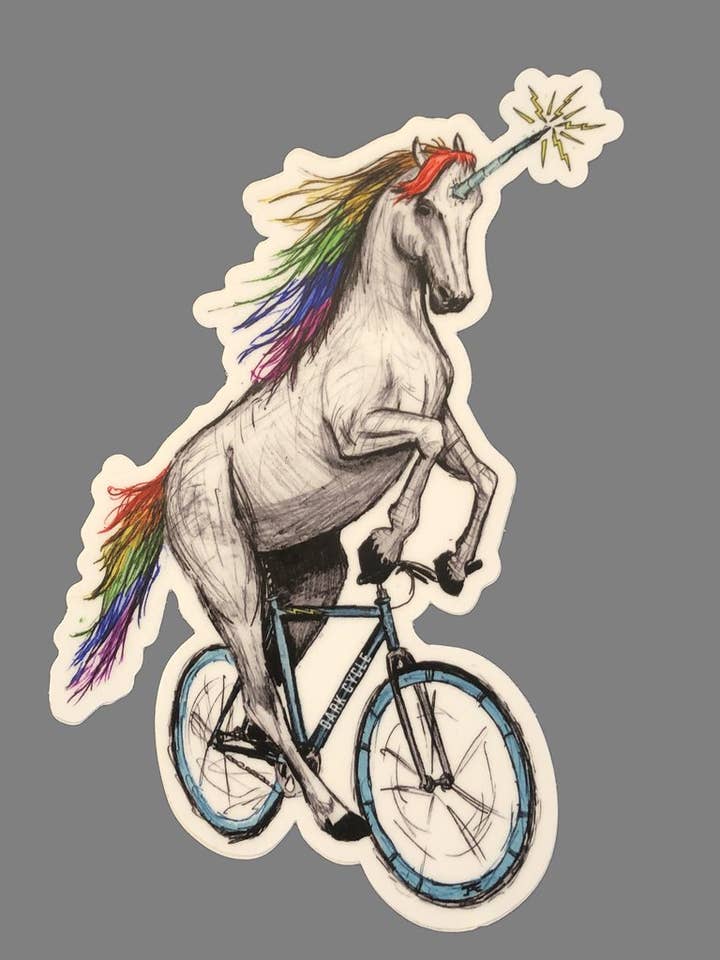 Unicorn On A Bicycle Vinyl Sticker for wholesale by Dark Cycle Clothing