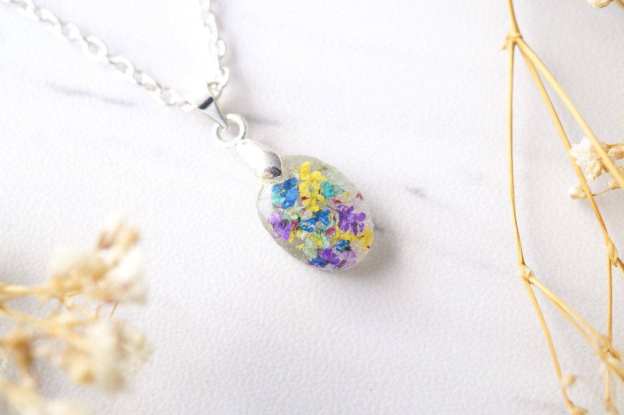 Ann + Joy - Wholesale Pendant/Charm Necklace - Oval in Mint, Yellow & Purple Real Dried Flowers in Resin Necklace2