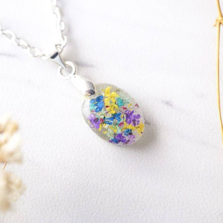 Ann + Joy - Wholesale Pendant/Charm Necklace - Oval in Mint, Yellow & Purple Real Dried Flowers in Resin Necklace2