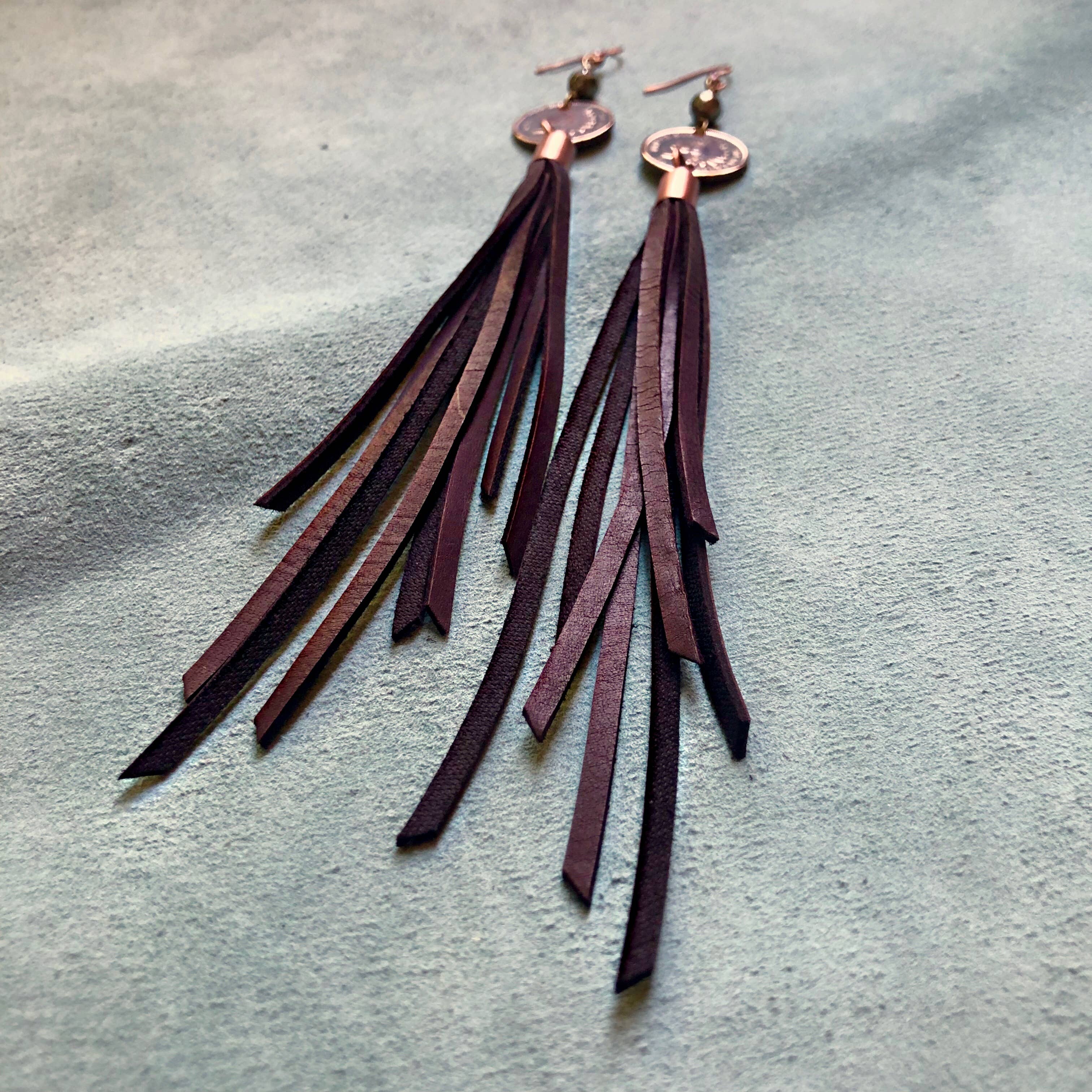 ASTALI - Wholesale Tassel Earrings - Indian Head Cent & Leather Tassel Earrings - Chocolate Brown3
