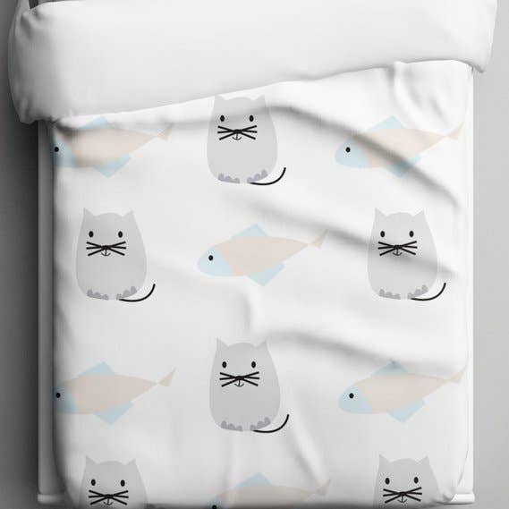 Cat and Fish Duvet Cover- Crib Baby Bedding - Nursery Decor for wholesale by TinytweetsKids