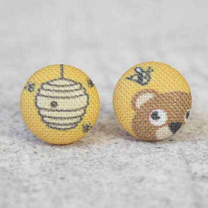 Honey and Bear Fabric Button Earrings for wholesale by Rachel O's