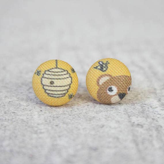 Rachel O's - Wholesale Stud/Post Earrings - Honey and Bear Fabric Button Earrings