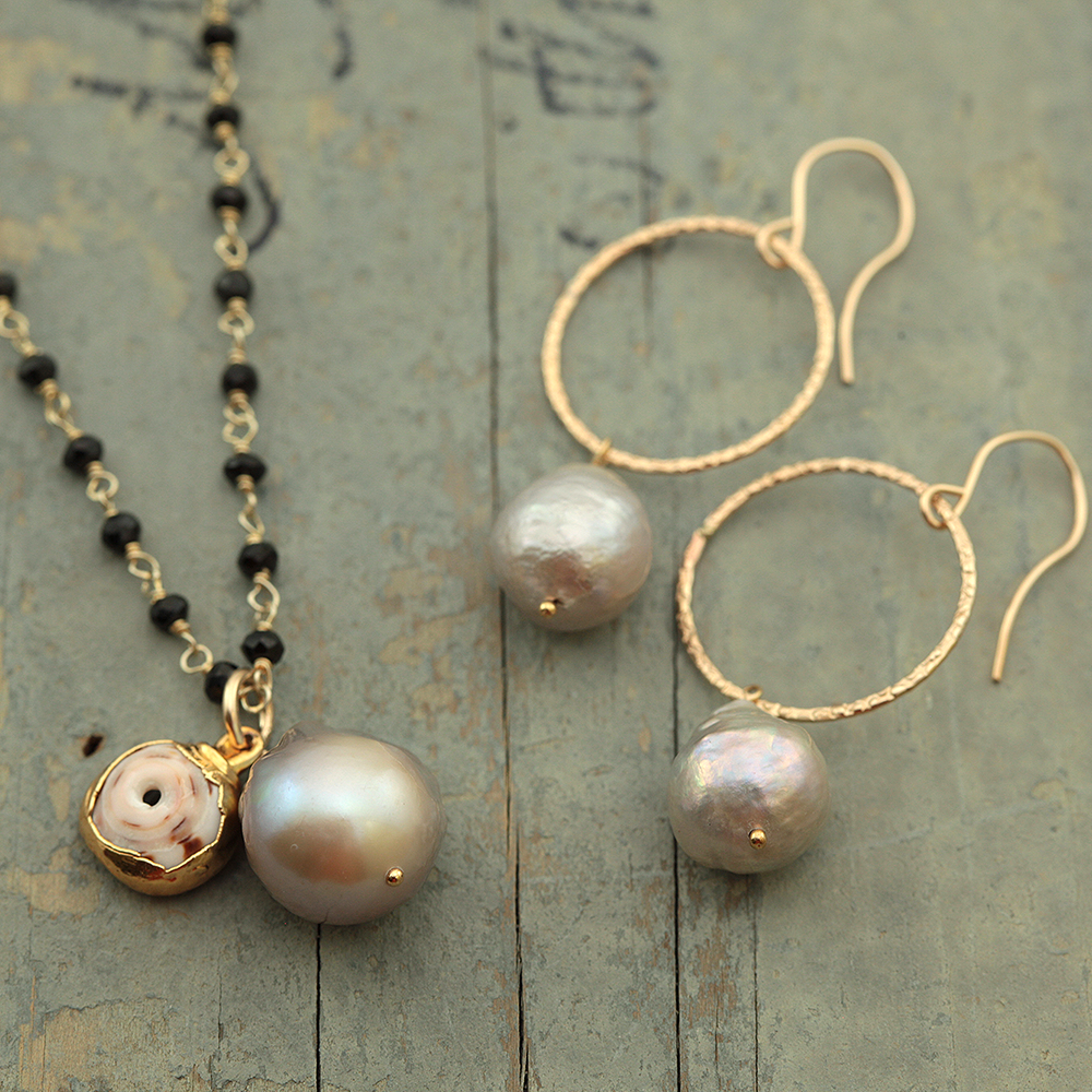 Midori Jewelry Hawaii - Wholesale Beaded/Pearl Necklace - black garnet gold puka silver pearl necklace2