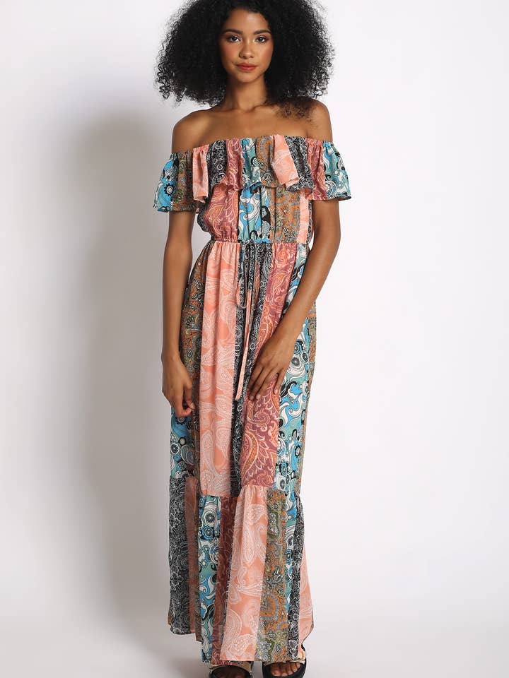 FLOUNCE OFF SHOULDER MAXI DRESS - GSD1070-MLT for wholesale by Sans Souci