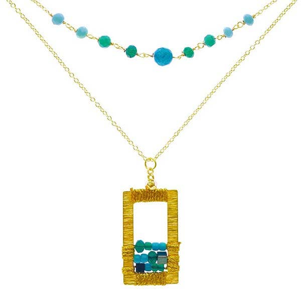 Marquet - Wholesale Pendant/Charm Necklace - Rose Geometric Rectangle Beaded Necklace with Crystal Beads11