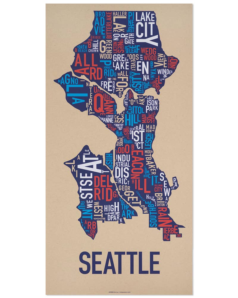 Ork Posters - Wholesale Poster - 13" x 26"  Seattle Neighborhood Map Multi-color Screen Print0