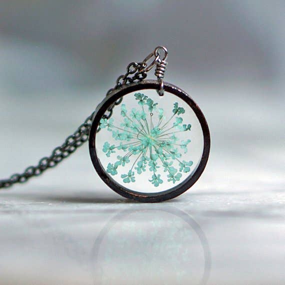 Light Blue Queen Anne's Lace Flower Necklace for wholesale by The Pretty Pickle