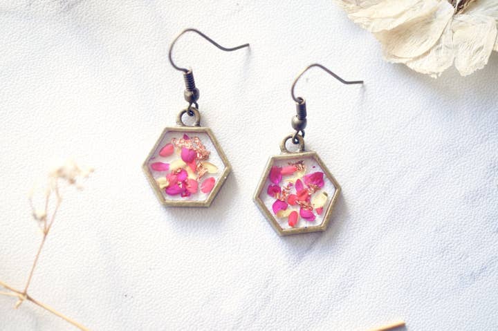 Neon Pink & Copper Flakes Real Pressed Flowers and Resin Earrings for wholesale by Ann + Joy