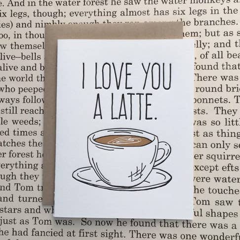 Biglietto tipografica «I Love You a Latte» per la vendita all'ingrosso da parte di Lucky Bee Press