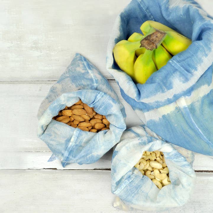 Gray Green Goods - Vente Sacs de course/à provisions - Lot de 3 sacs de coton réutilisables, tie-dye indigo2