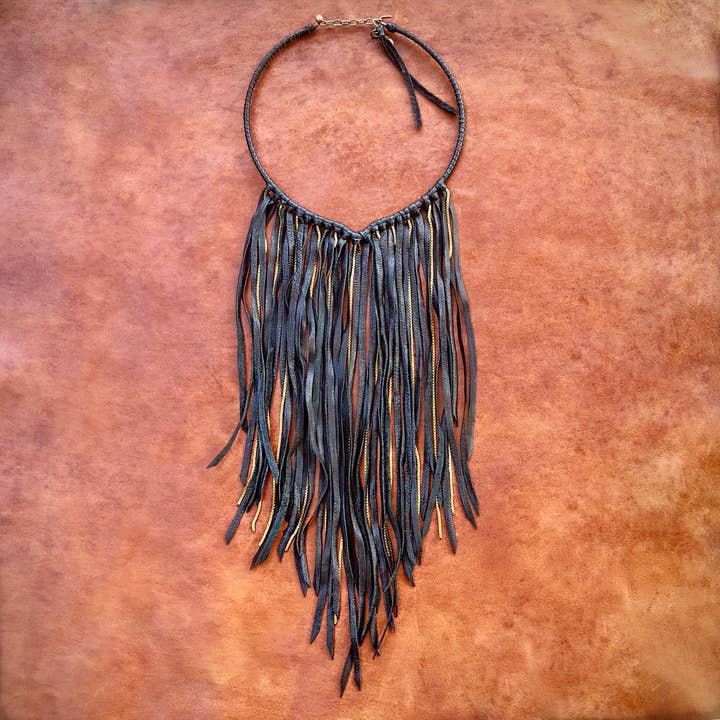 Leather Fringe Biker Collar, Black Leather Fringe Necklace for wholesale by ASTALI