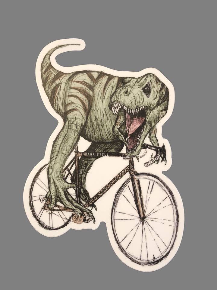 Tyrannosaurus Rex On A Bicycle Vinyl Sticker for wholesale by Dark Cycle Clothing