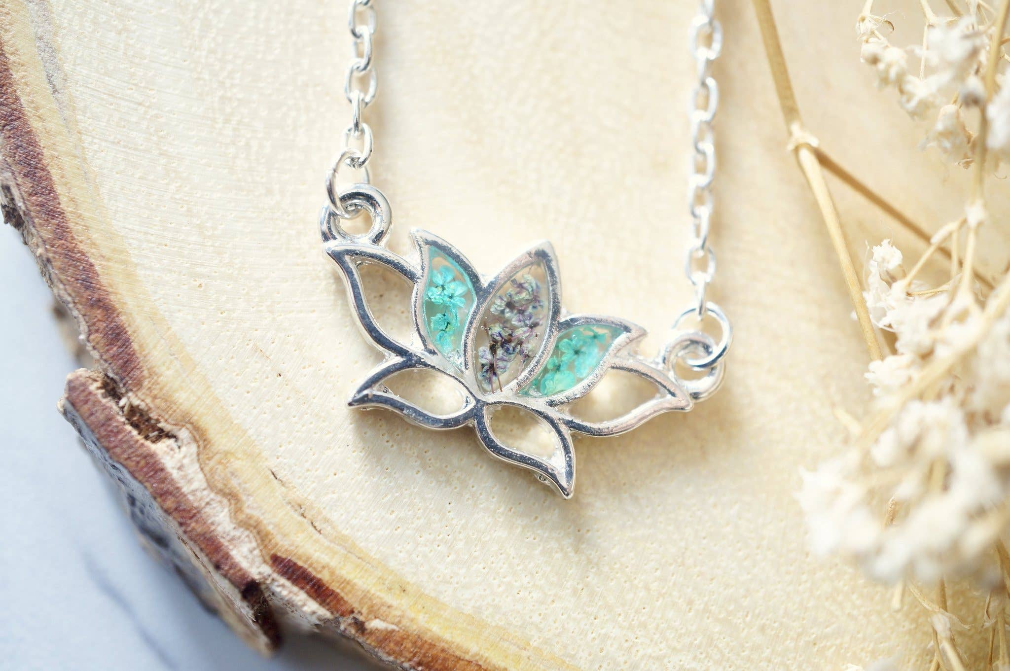 Ann + Joy - Wholesale Pendant/Charm Necklace - Silver Lotus Flower in Teal & Deep Purple Real Pressed Flowers and Resin Necklace0