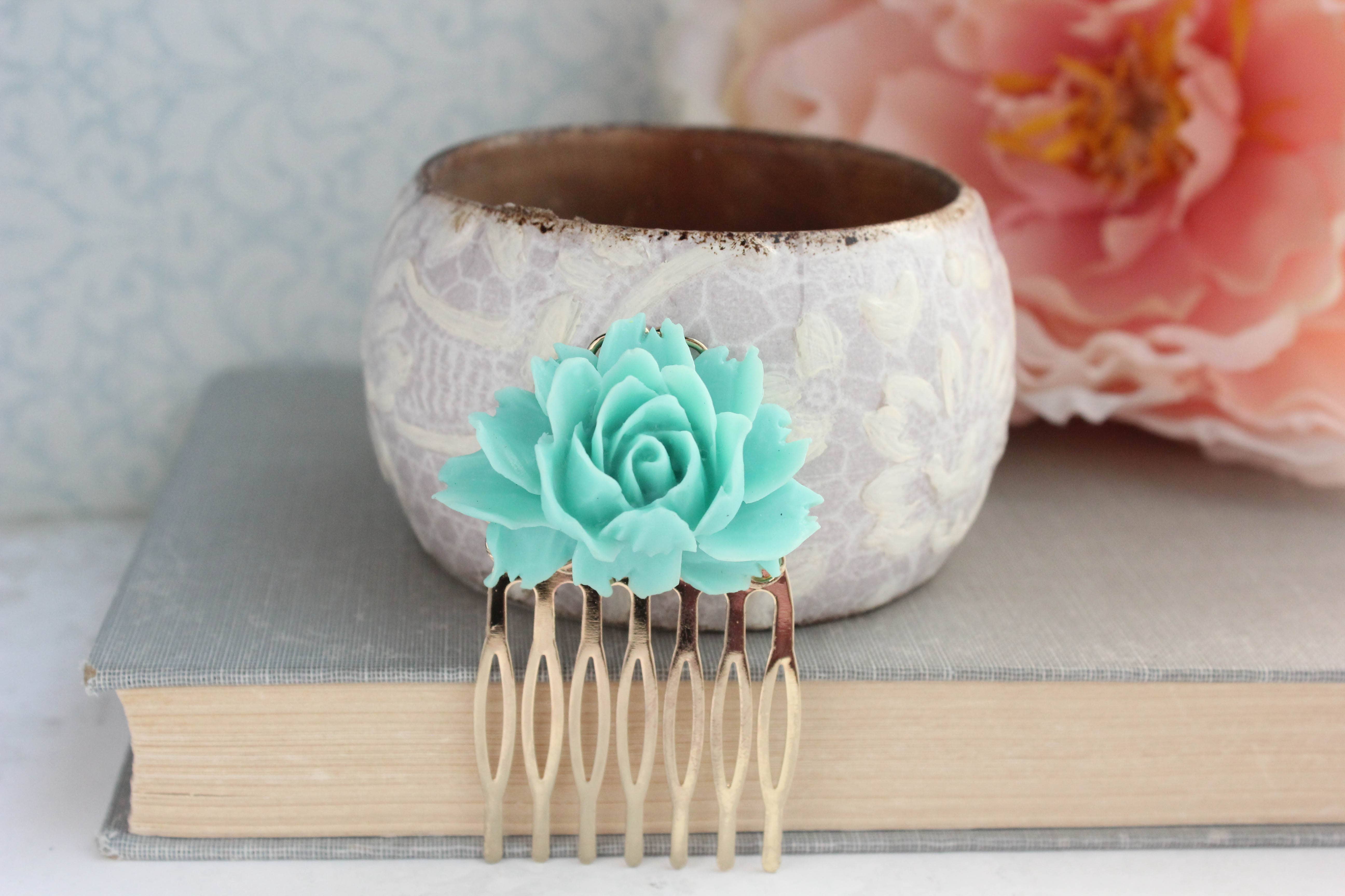 A Pocket of Posies - Wholesale Hair Pin - Rose Hair Comb - Teal2