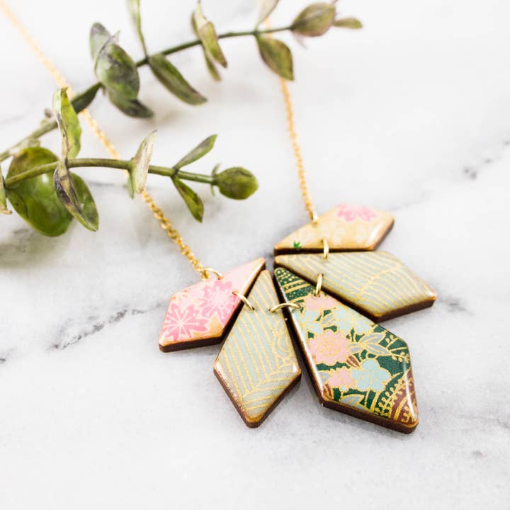 No Man's Land - Wholesale Pendant/Charm Necklace - Japanese Geometric Petal Necklace... Deep Green Floral