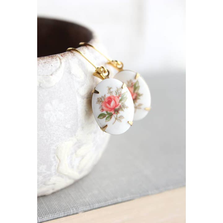 A Pocket of Posies - Wholesale Dangle Earrings - Pink Rose Oval Cameo Earrings - Vintage Glass
