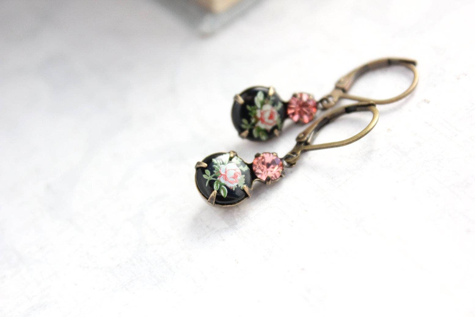 A Pocket of Posies - Wholesale Dangle Earrings - Little Cameo Earrings - Vintage Glass  - Pink Rose on Black2
