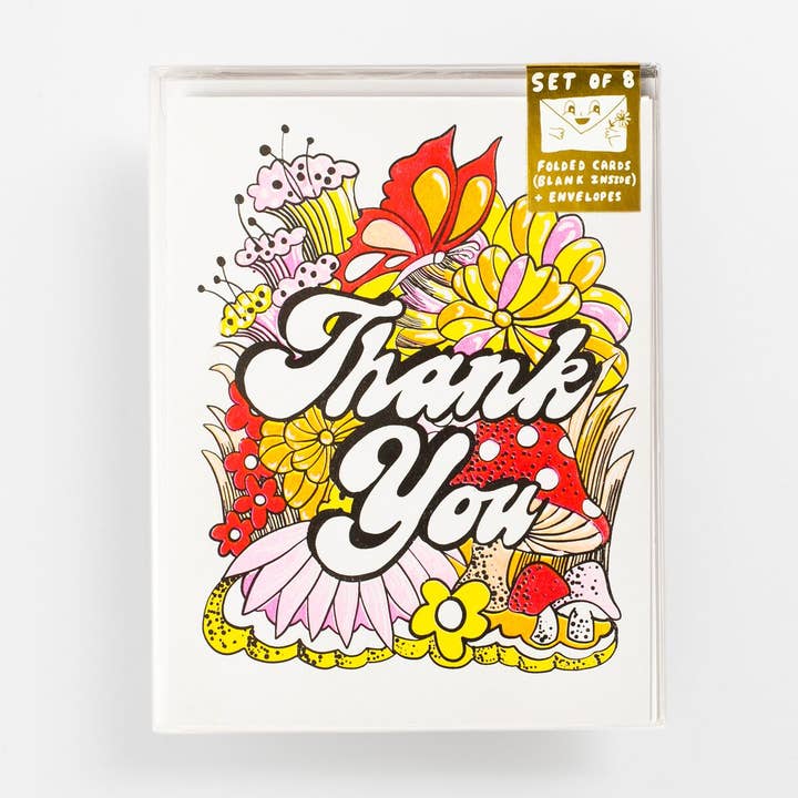 Set of 8 - Thank You Floral Risograph Card for wholesale by Yellow Owl Workshop