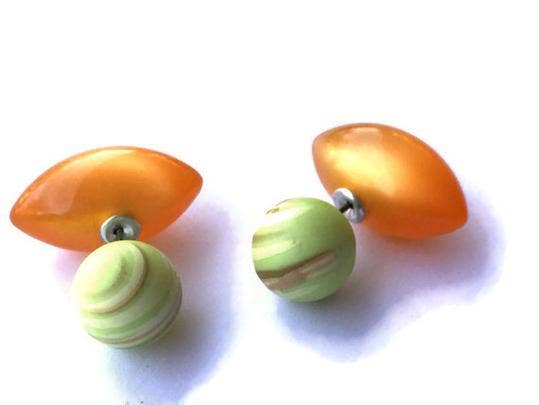 Leetie Lovendale - Wholesale Stud/Post Earrings - Apricot with Striped Lime Green 2 Sided Earrings0
