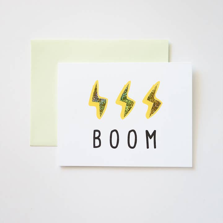 BOOM with Glitter Foil Greeting Card for wholesale by ILOOTPAPERIE
