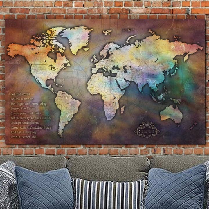 48"x30" Single Panel Quote & Legend Antique Collage Push-Pins World Map for wholesale by HolyCowCanvas
