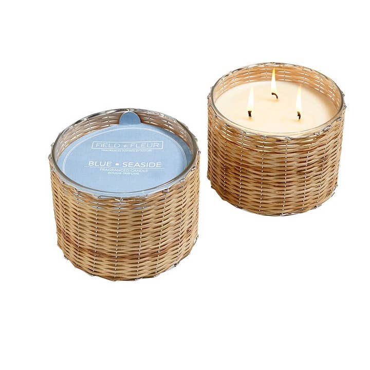 Blue Seaside 3 Wick Handwoven Candle 21oz. Ctn. 4 for wholesale by Hillhouse Naturals/Field+Fleur