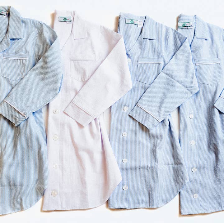 Seersucker Pajama Night Shirt Blue for wholesale by Love That Cotton